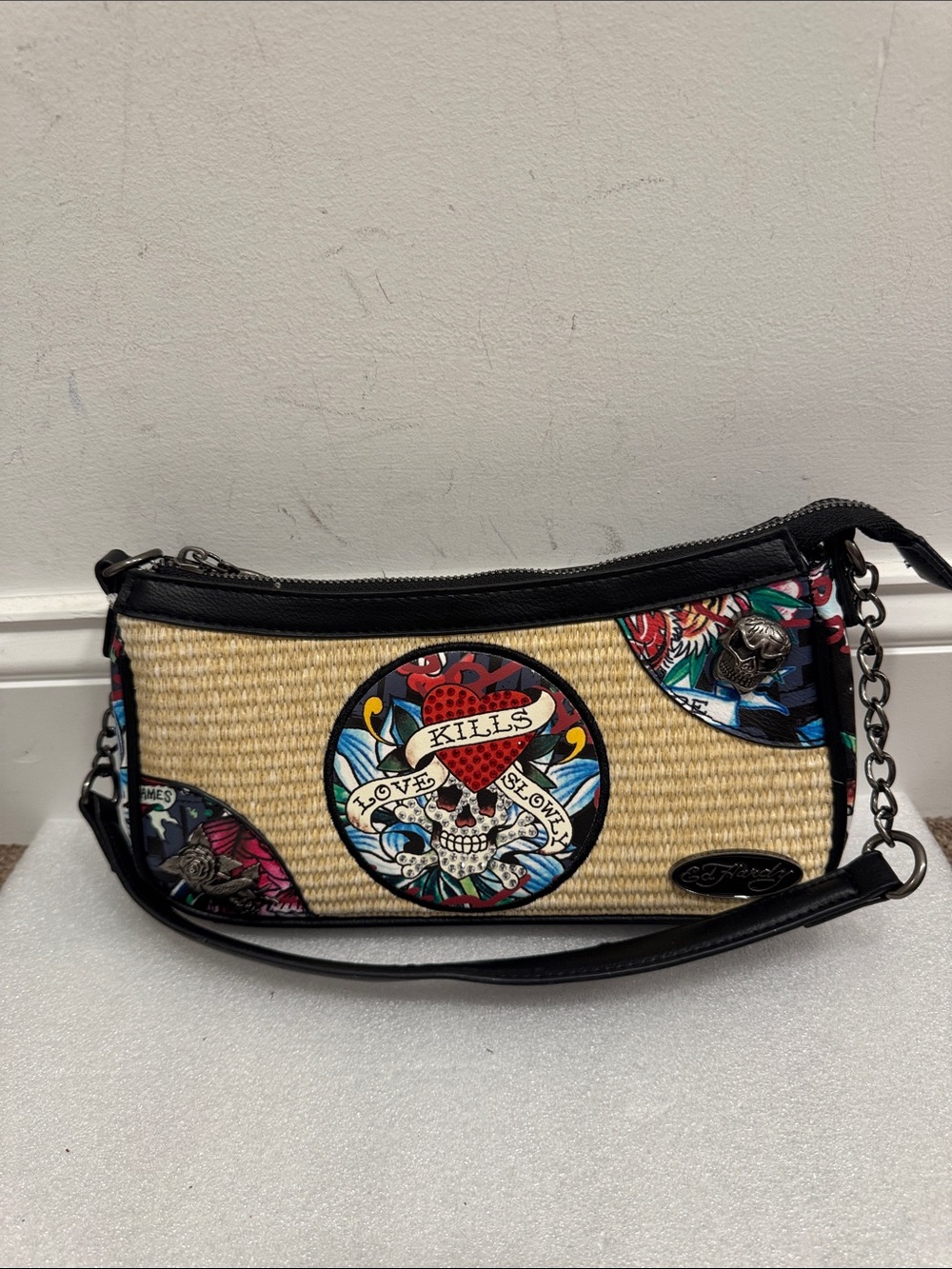 Ed Hardy straw woven love kills slowly skull roses shoulder bag purse